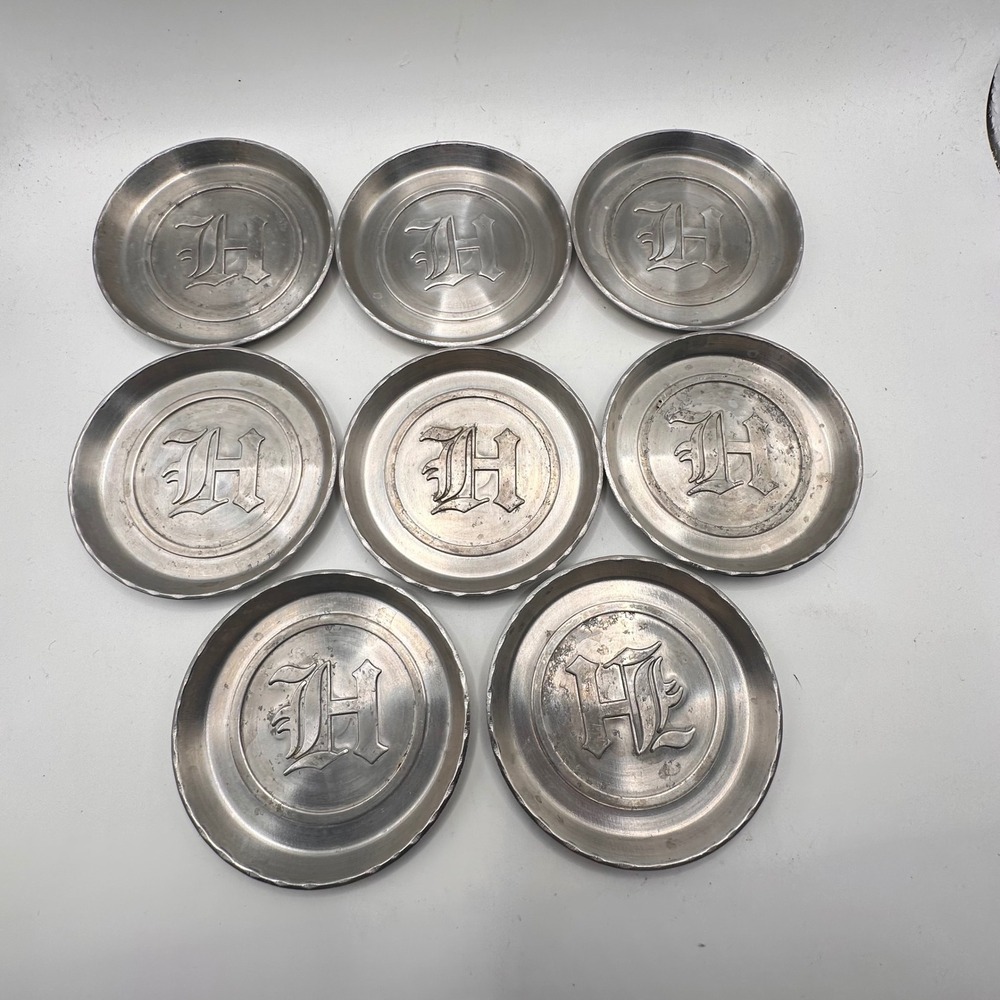 Vintage Pewter Monogram H Coasters Set of 9 Old English Initial Barware MCM